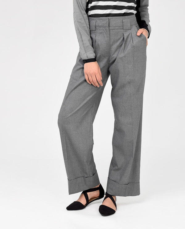 Charcoal grey pinstripe high waisted pleated stretch Women Trousers |  Sumissura